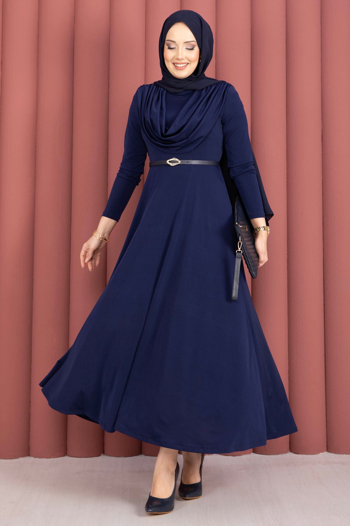 Navy Draped Cowl-Neck Belted Maxi Dress