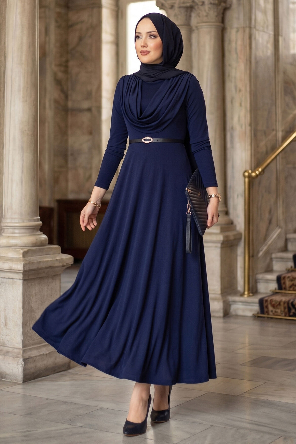 Navy Draped Cowl-Neck Belted Maxi Dress