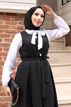 Black Pinstripe Belted Pinafore Dress & White Shirt Set