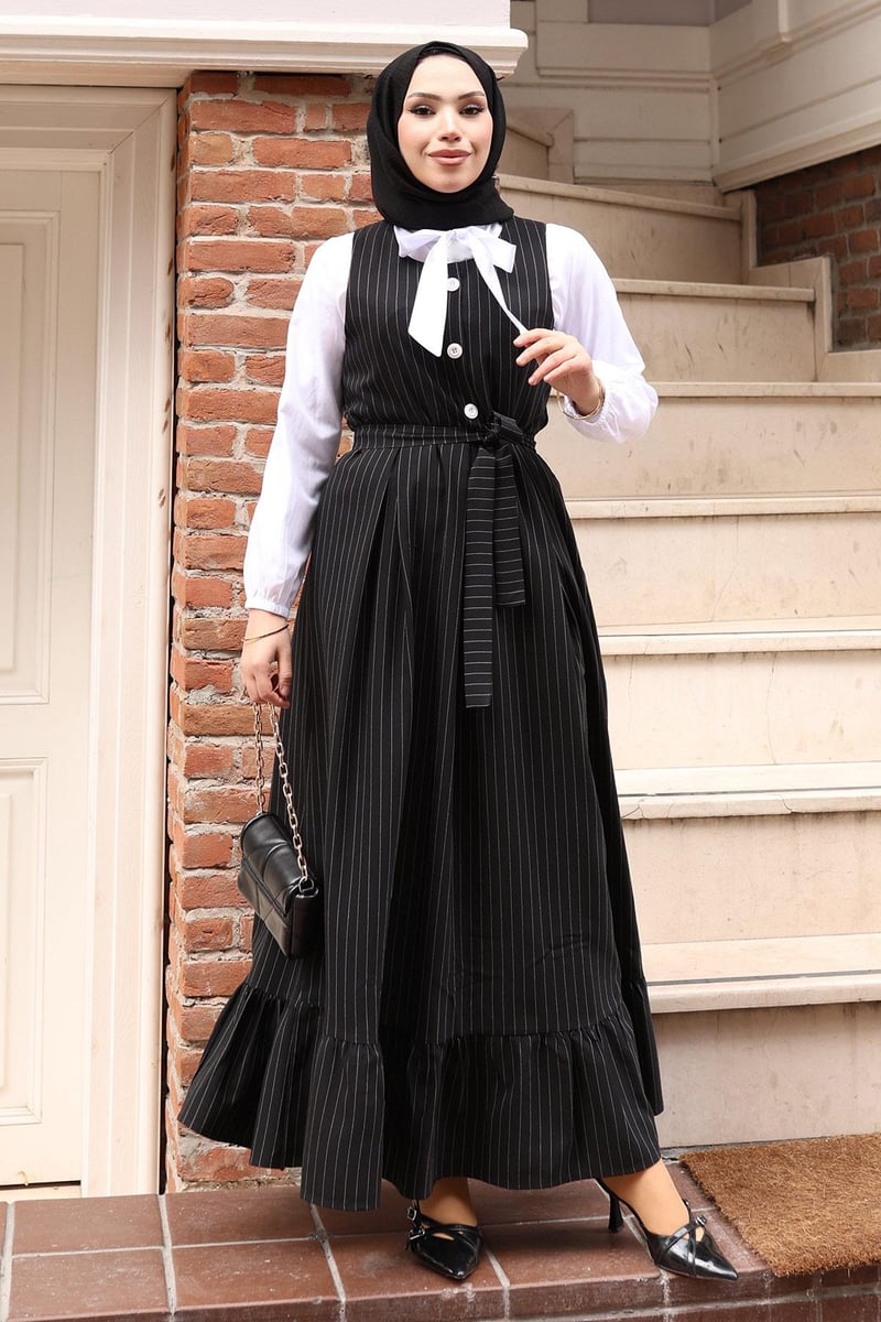 Black Pinstripe Belted Pinafore Dress & White Shirt Set