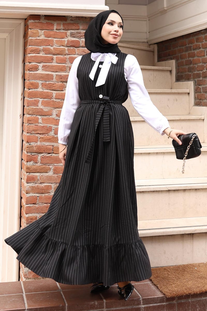 Black Pinstripe Belted Pinafore Dress & White Shirt Set