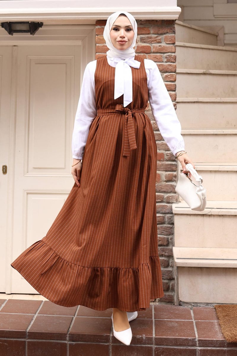 Pinstripe Belted Pinafore Dress & White Shirt Set