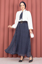 Navy Polka Dot Skirt Set with Scarf Tie