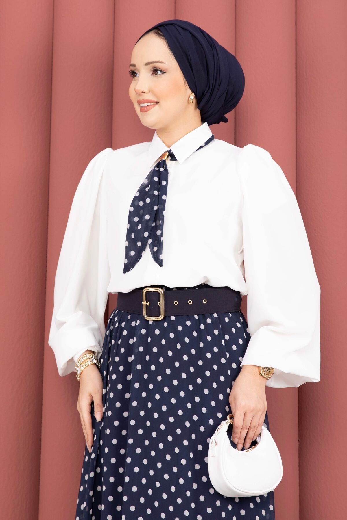 Navy Polka Dot Skirt Set with Scarf Tie