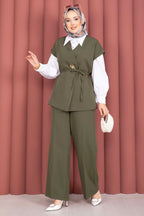 Khaki Gold-Button Belted Vest & Trouser Set