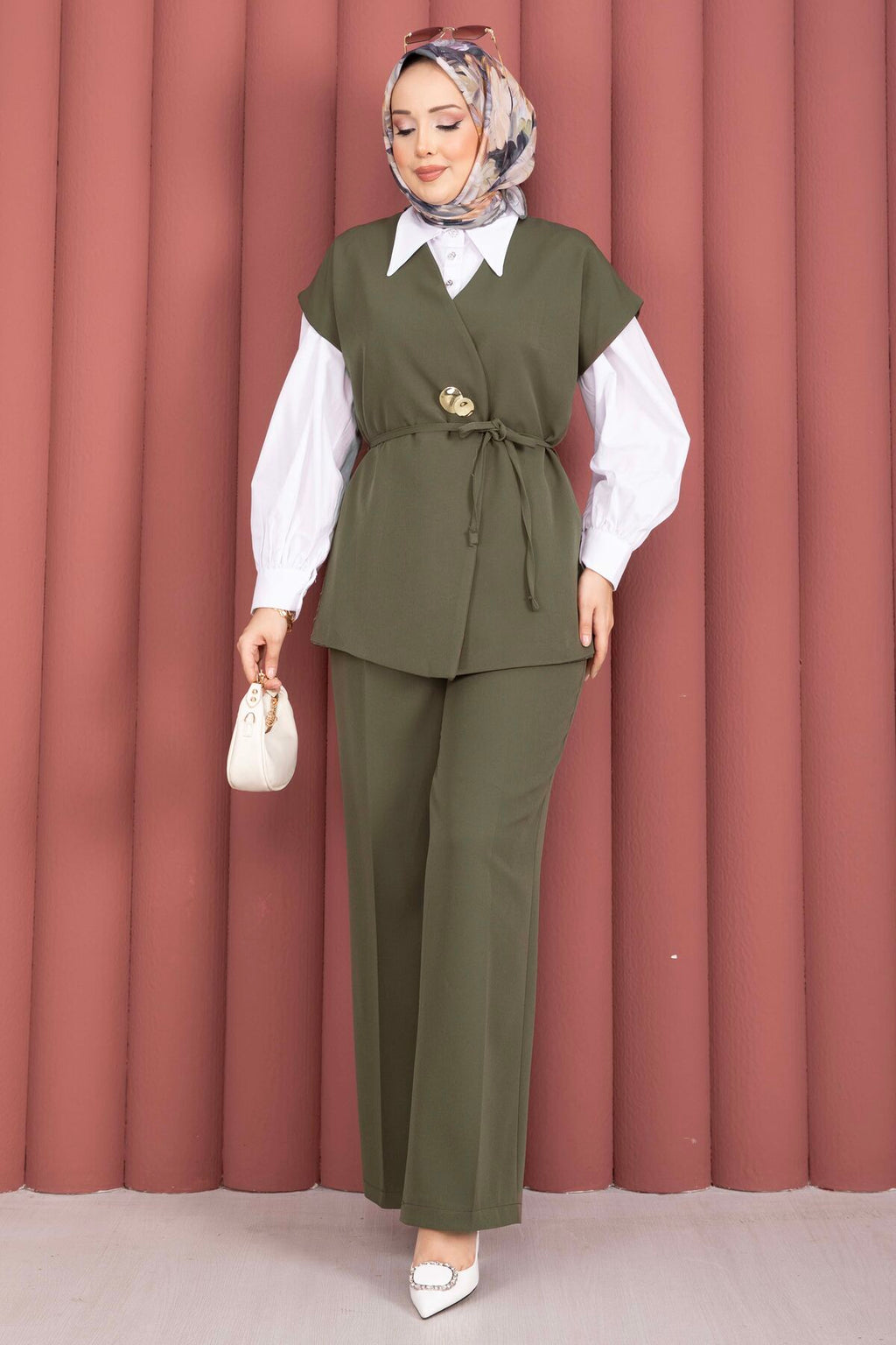 Khaki Gold-Button Belted Vest & Trouser Set