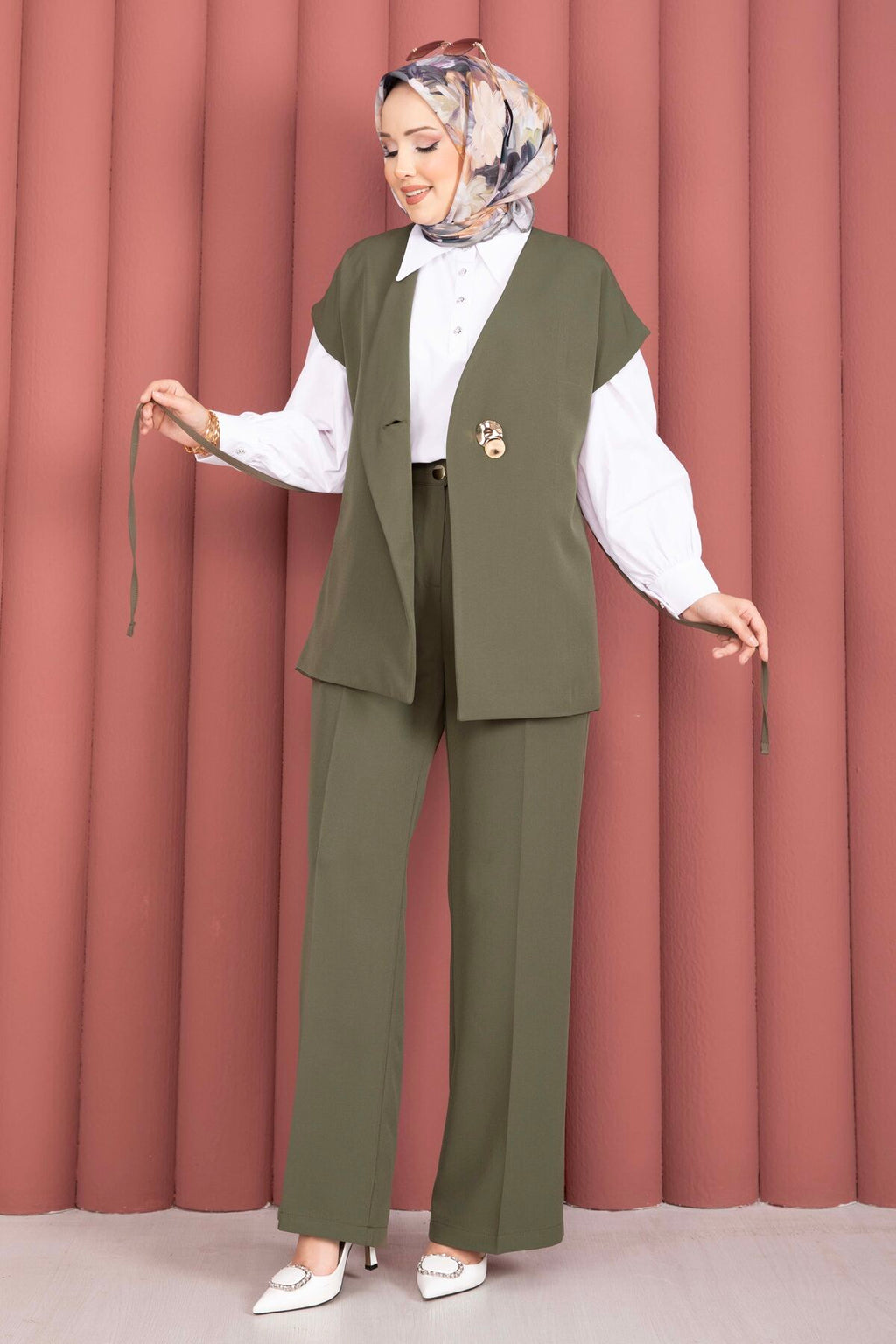 Khaki Gold-Button Belted Vest & Trouser Set
