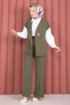 Khaki Gold-Button Belted Vest & Trouser Set