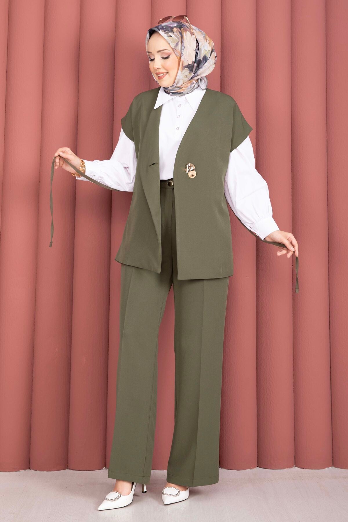 Khaki Gold-Button Belted Vest & Trouser Set