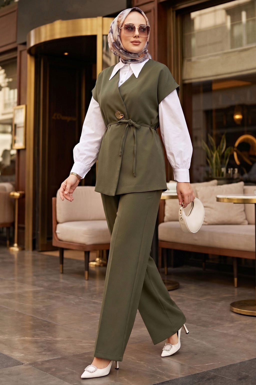 Khaki Gold-Button Belted Vest & Trouser Set