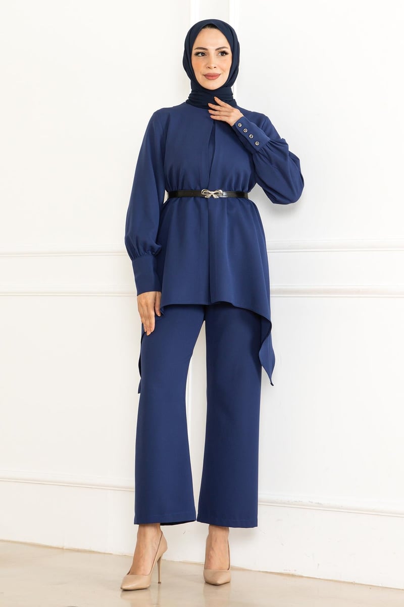 Indigo Belted Asymmetric Tunic & Trouser Set