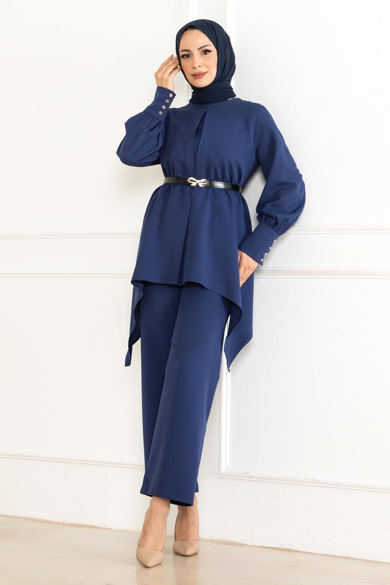 Indigo Belted Asymmetric Tunic & Trouser Set