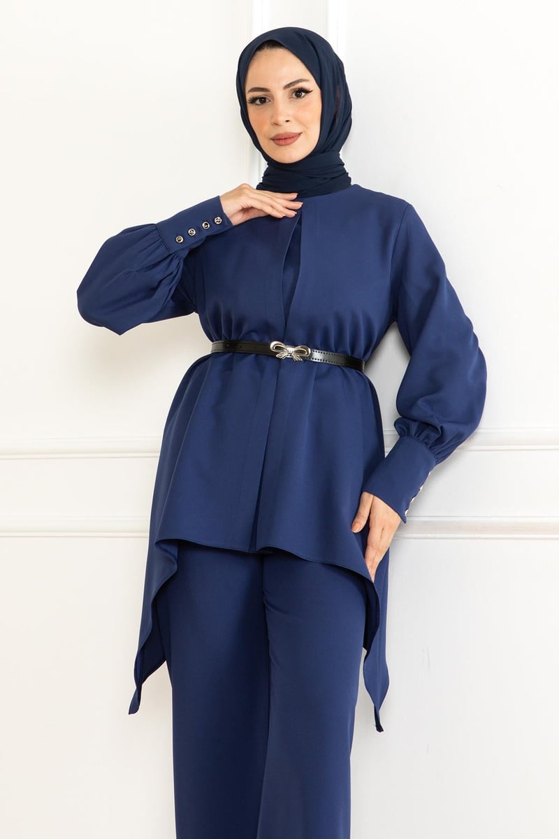 Indigo Belted Asymmetric Tunic & Trouser Set