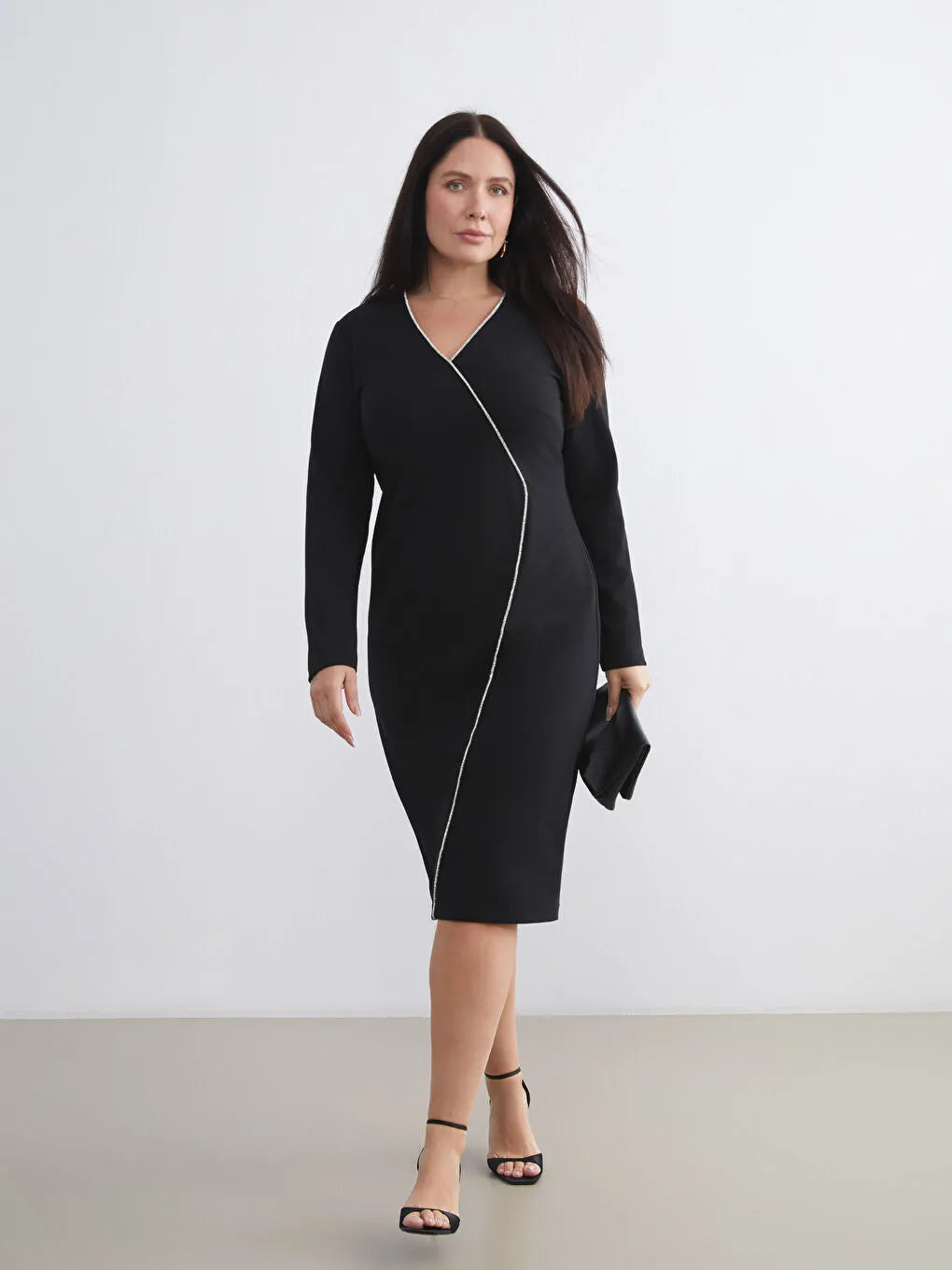 Black V-Neck Dress with Stone-Embellished Piping