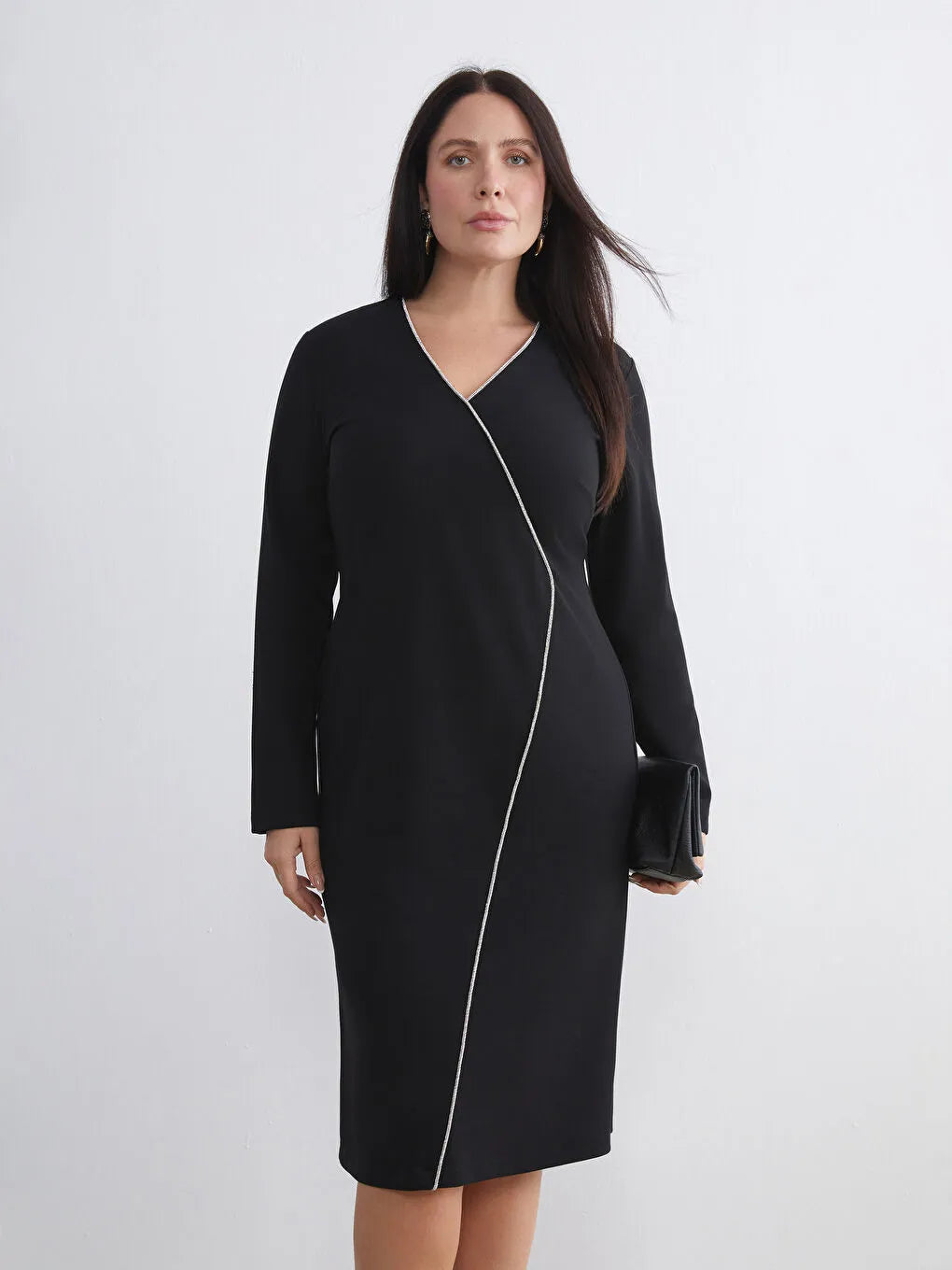 black dress with white piping Black Wrap Dress with Stone-Embellished Piping