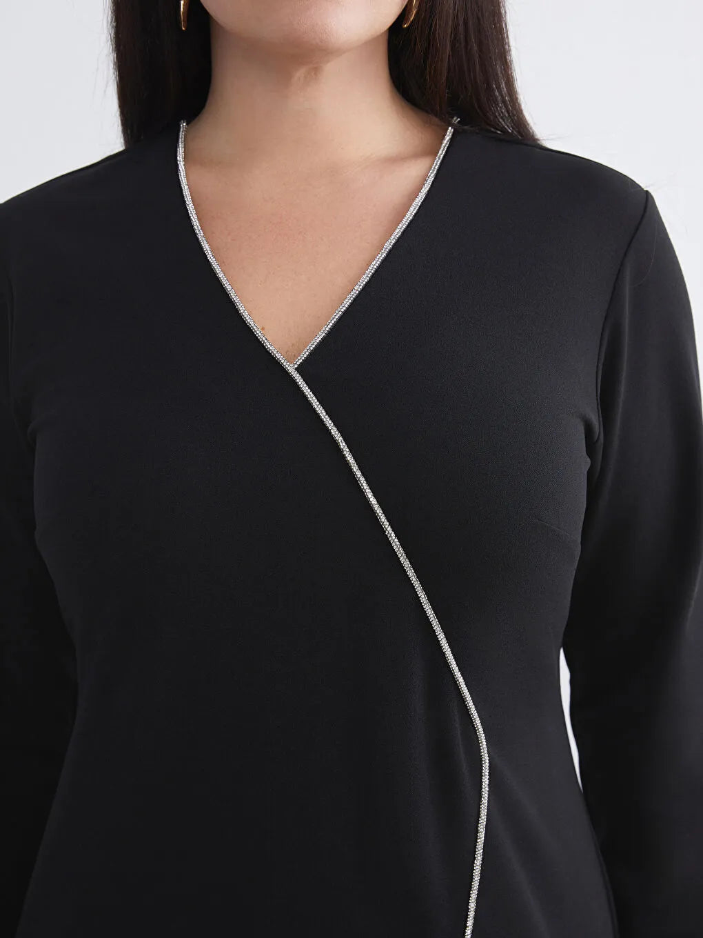 Black V-Neck Dress with Stone-Embellished Piping