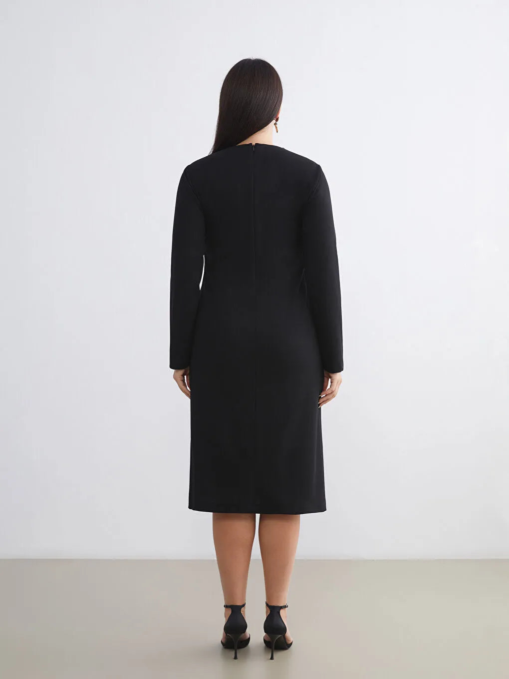 Black V-Neck Dress with Stone-Embellished Piping