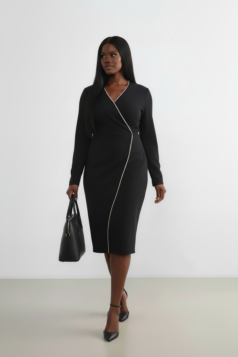 Black V-Neck Dress with Stone-Embellished Piping