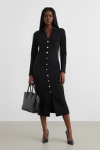 Black Button-Front Shirt Collar Dress
