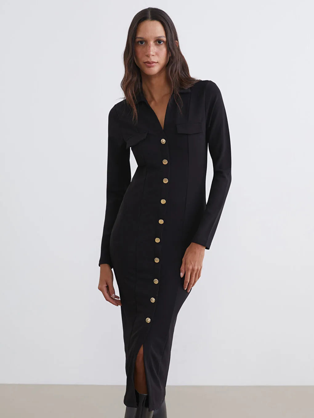 Black Button-Front Shirt Collar Dress