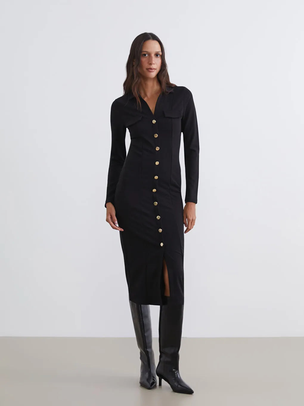 Black Button-Front Shirt Collar Dress