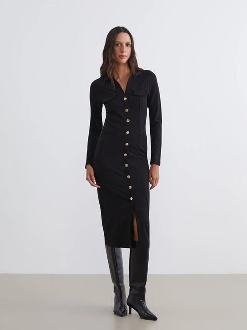 Black Button-Front Shirt Collar Dress