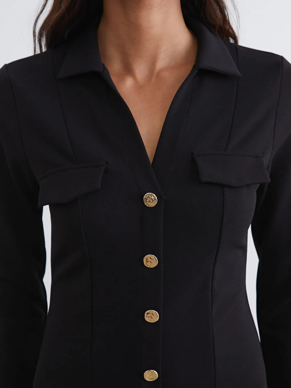 Black Button-Front Shirt Collar Dress