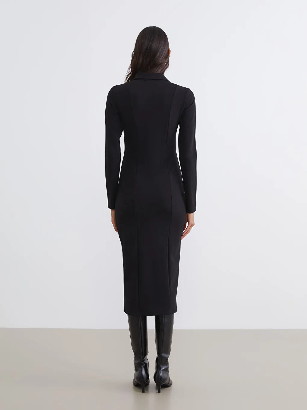 Black Button-Front Shirt Collar Dress