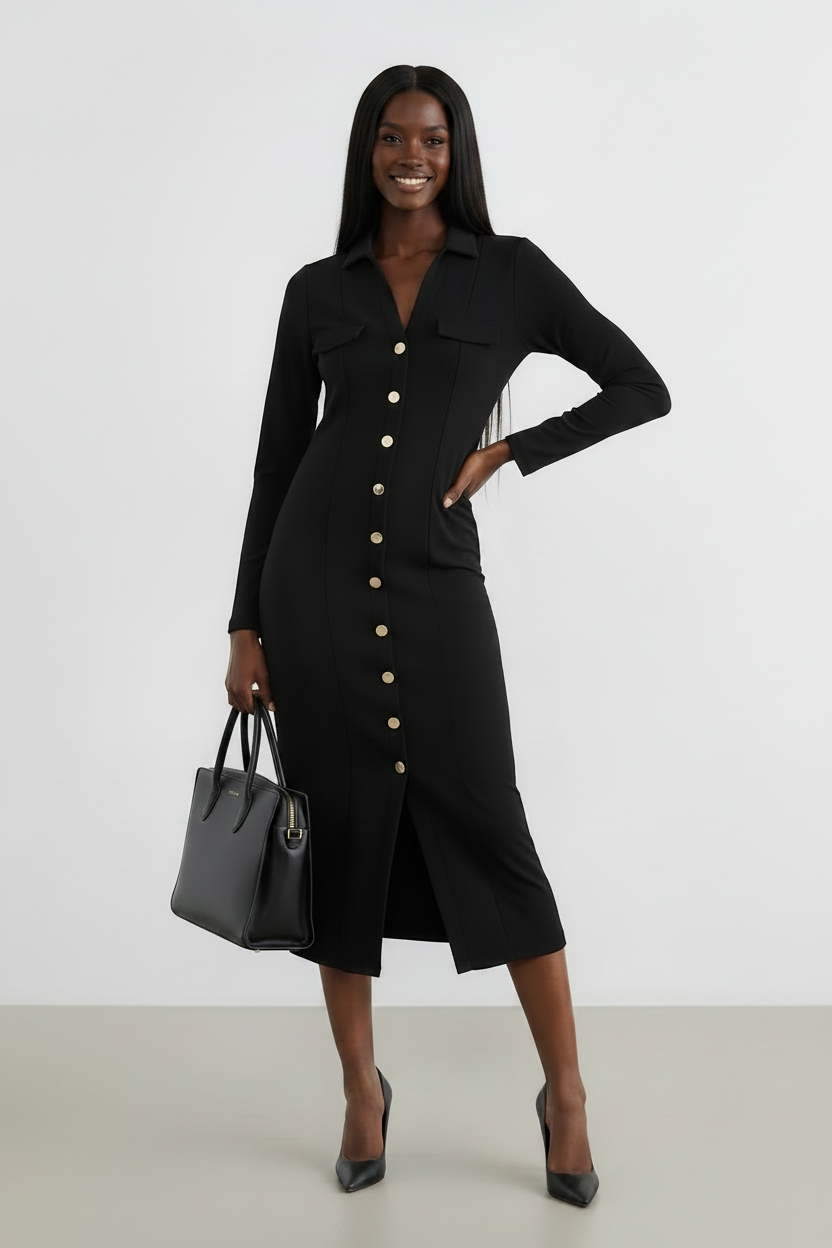 Black Button-Front Shirt Collar Dress