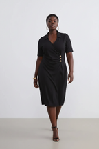 Wrap Neck Ruched Dress with Button Detail