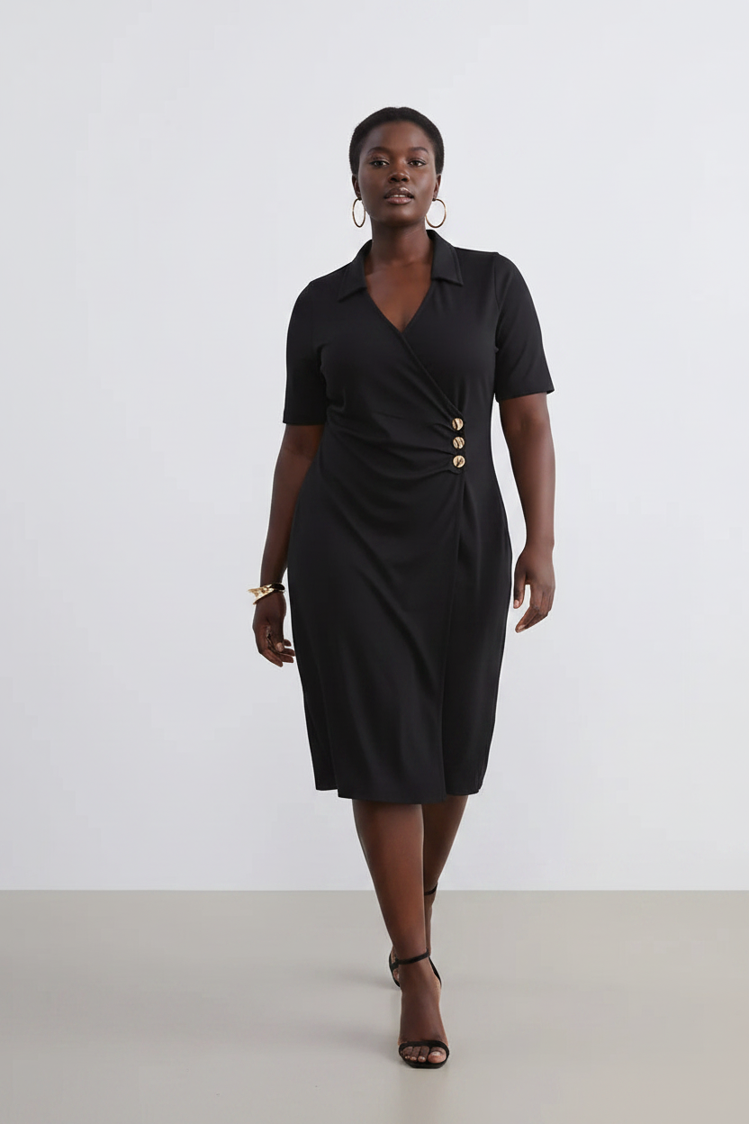Wrap Neck Ruched Dress with Button Detail