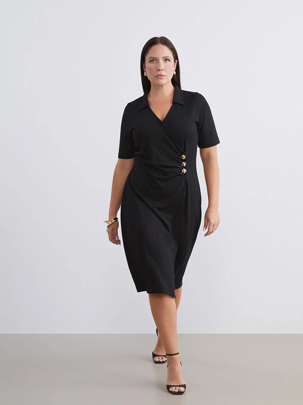 Wrap Neck Ruched Dress with Button Detail