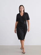 Wrap Neck Ruched Dress with Button Detail