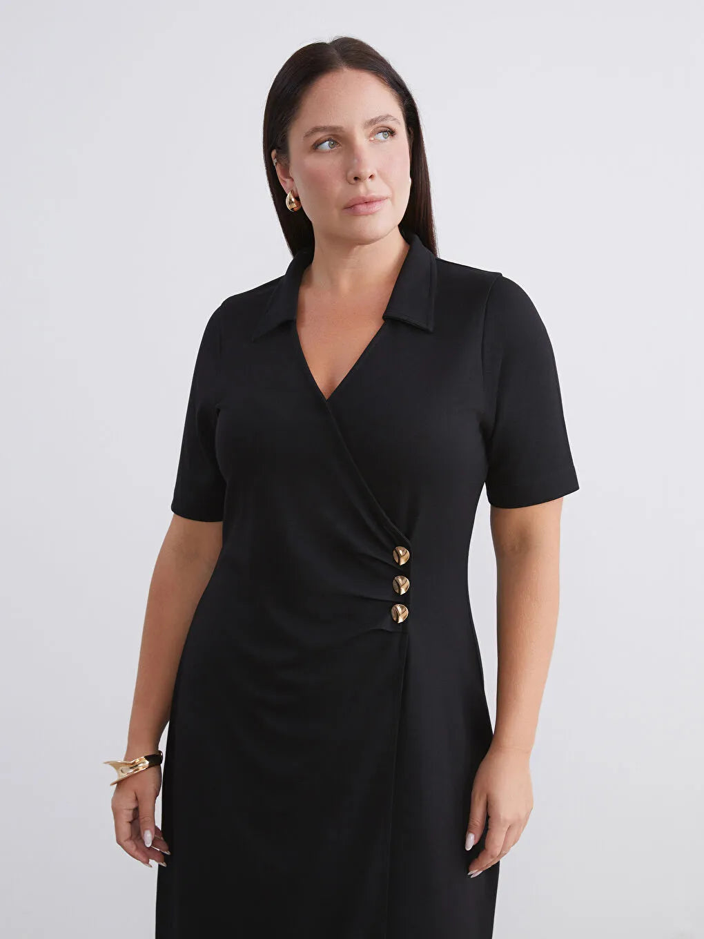 Wrap Neck Ruched Dress with Button Detail