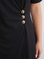 Wrap Neck Ruched Dress with Button Detail