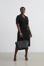 Wrap Neck Ruched Dress with Button Detail