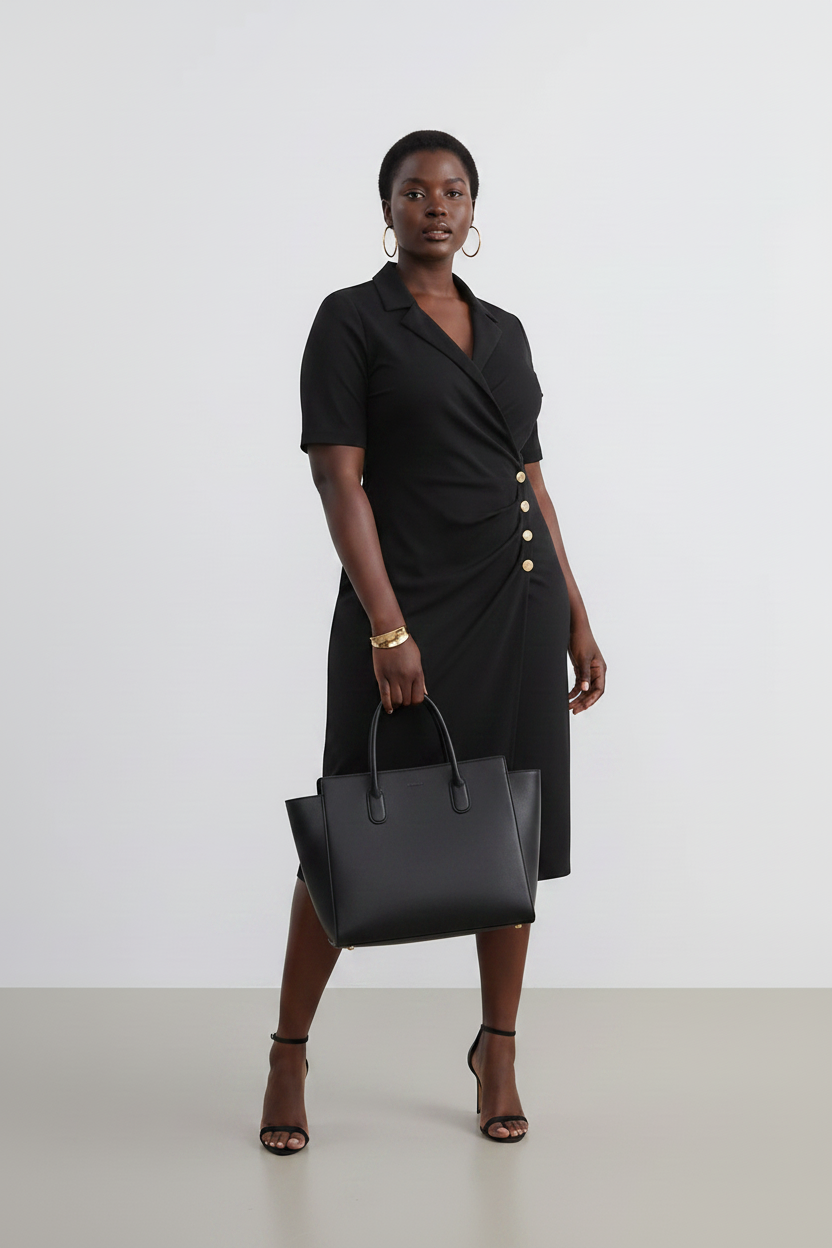 Wrap Neck Ruched Dress with Button Detail