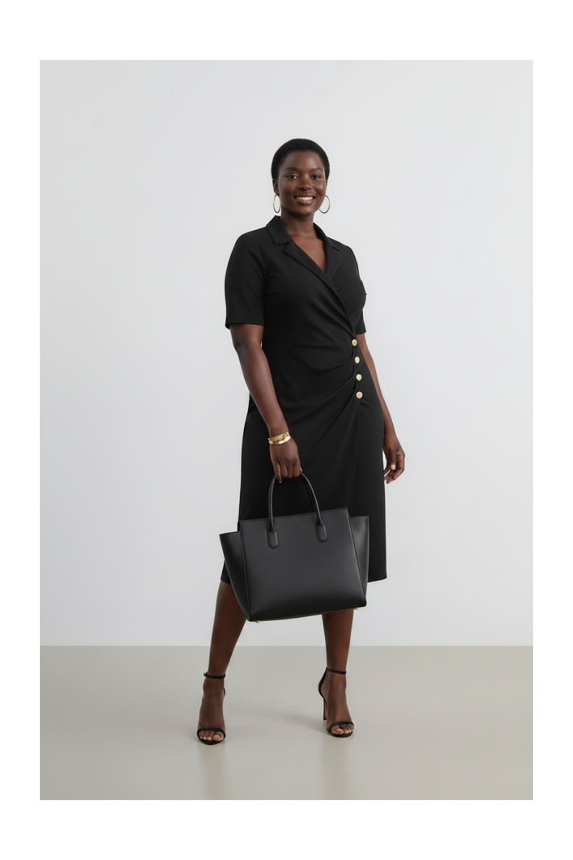 Wrap Neck Ruched Dress with Button Detail