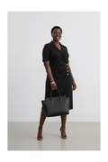Wrap Neck Ruched Dress with Button Detail