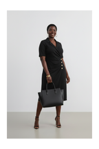 Wrap Neck Ruched Dress with Button Detail