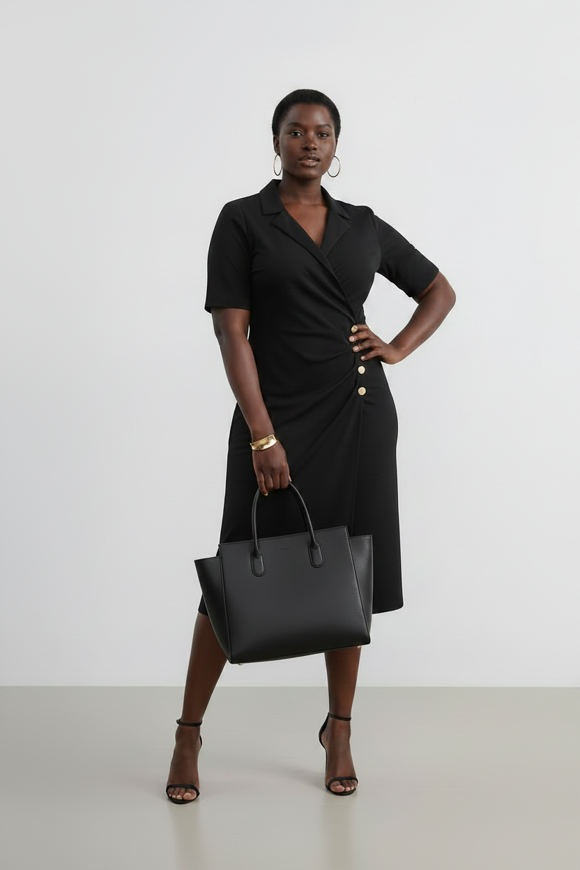 Wrap Neck Ruched Dress with Button Detail