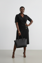 Wrap Neck Ruched Dress with Button Detail