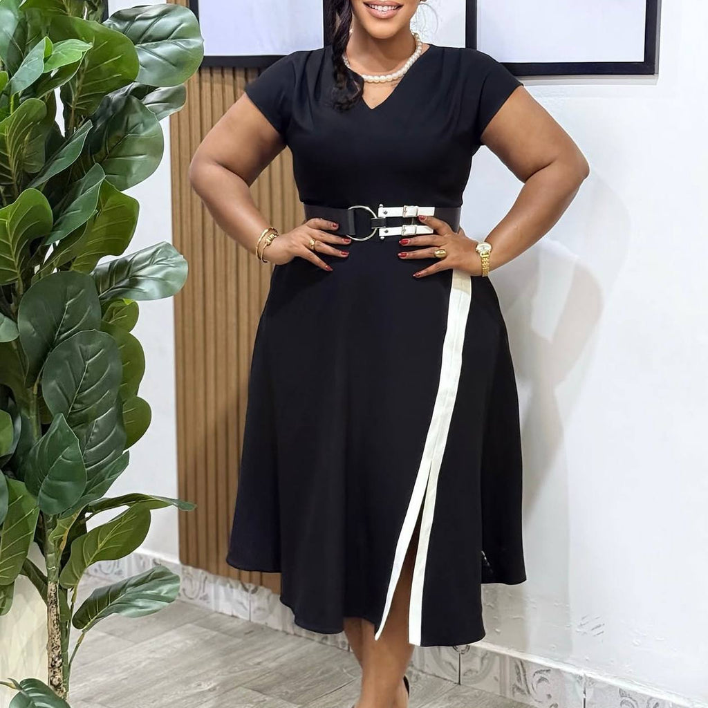 Black V-Neck Belted Midi Dress