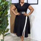 Black V-Neck Belted Midi Dress