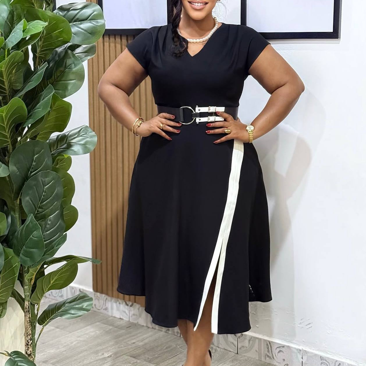 Black V-Neck Belted Midi Dress