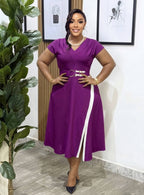 Purple V-Neck Belted Midi Dress
