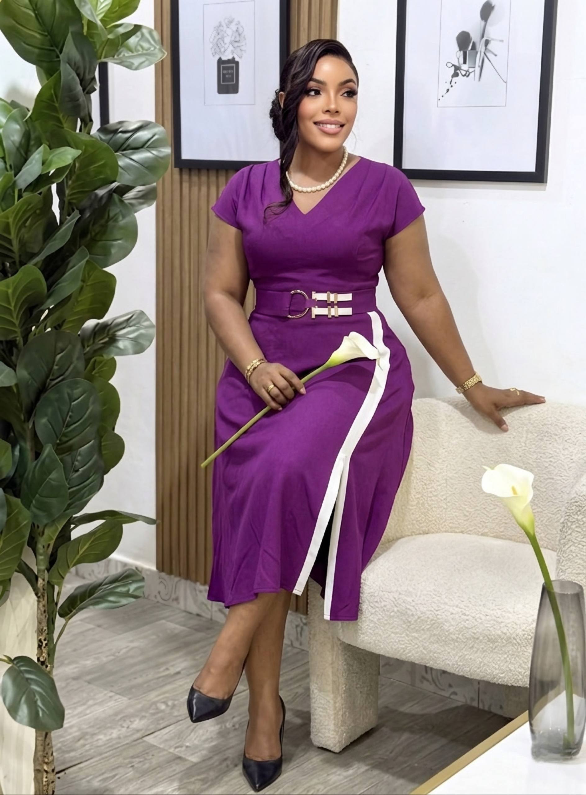 Purple V-Neck Belted Midi Dress