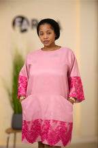 Elegant Pink Mikado Shift Dress with Fuchsia Lace Details
