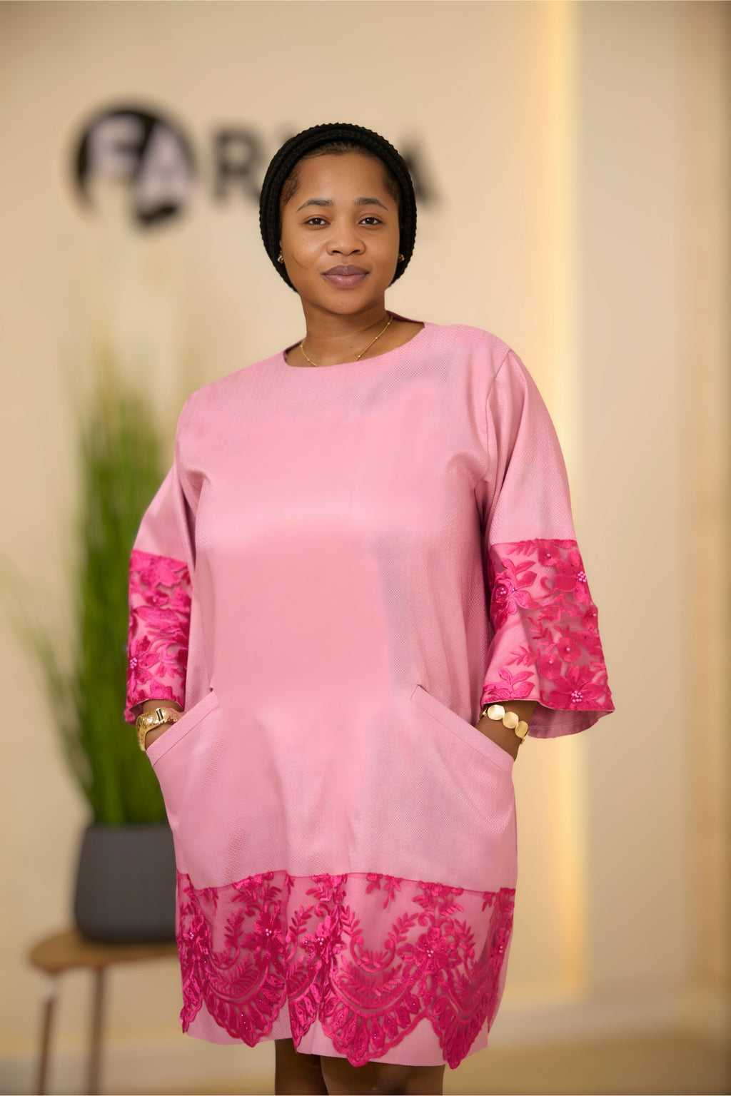 Elegant Pink Mikado Shift Dress with Fuchsia Lace Details