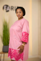 Elegant Pink Mikado Shift Dress with Fuchsia Lace Details